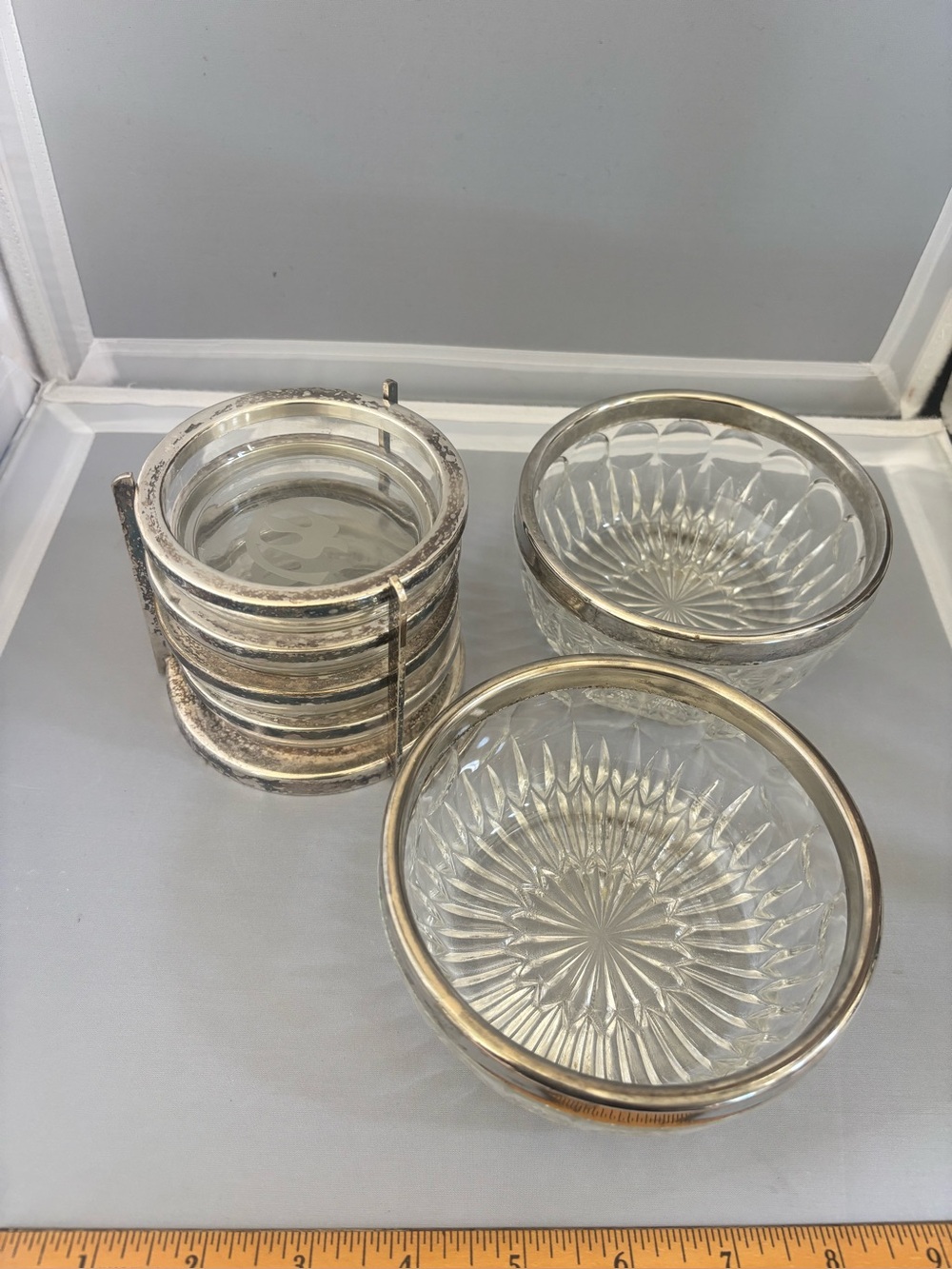 Silver plated F.B Rogers glass coasters and caddy +2 small silver plate rim bowl